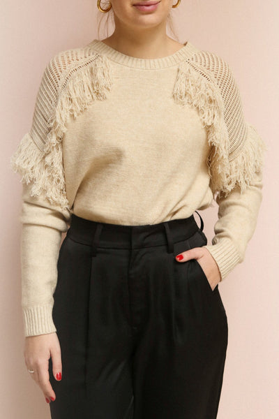Magalie Beige Knit Sweater | Tricot | La Petite Garçonne on model