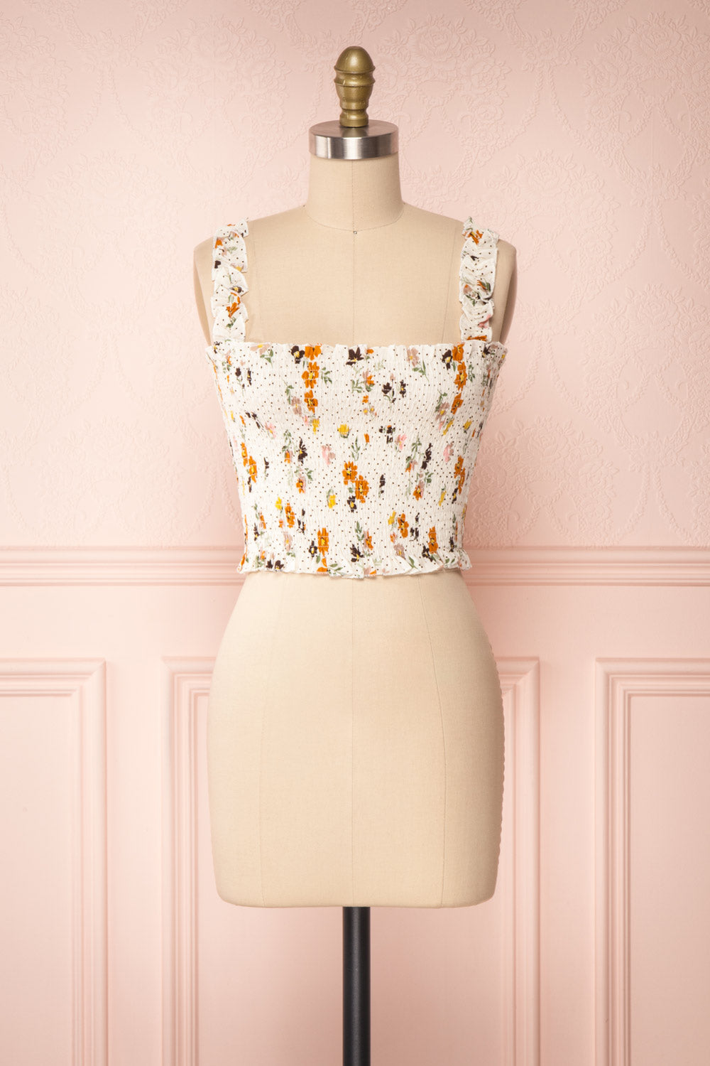 Maggie White Floral Pattern Ruched Crop Top | Boutique 1861 front view