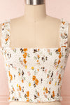 Maggie White Floral Pattern Ruched Crop Top | Boutique 1861 front close up