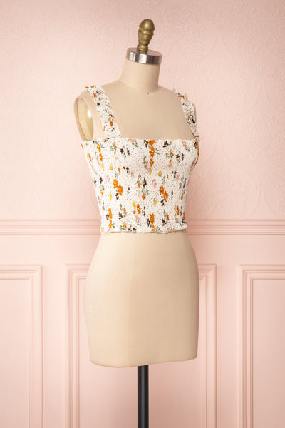 Maggie White Floral Pattern Ruched Crop Top | Boutique 1861 side view