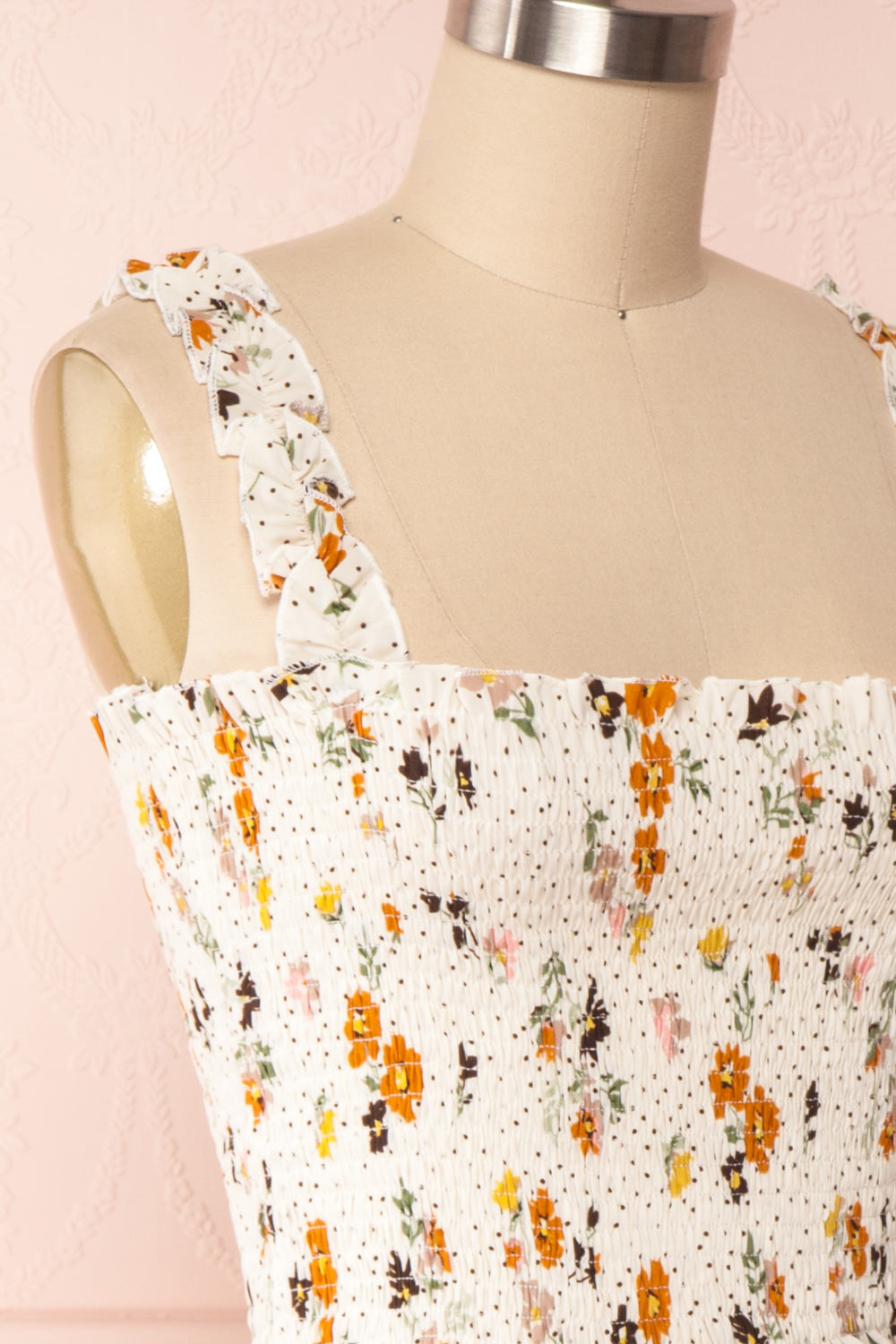 Maggie White Floral Pattern Ruched Crop Top | Boutique 1861 side close up