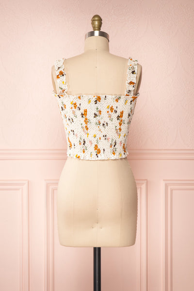 Maggie White Floral Pattern Ruched Crop Top | Boutique 1861 back view