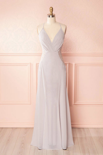 Maï Brume Grey Halter Gown with Lace Side Cut-Outs front view | Boudoir 1861
