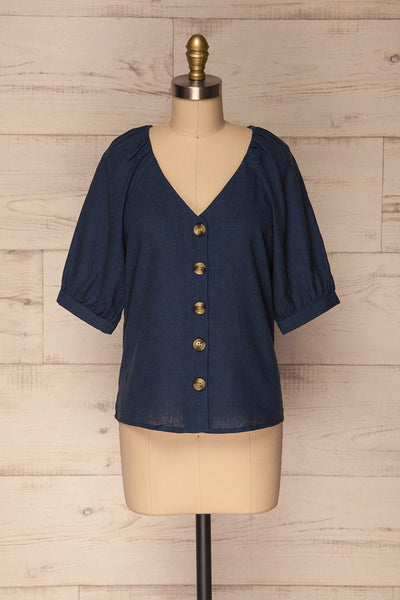 Malhao Navy Blue Short Sleeved Buttoned Top | La Petite Garçonne 1