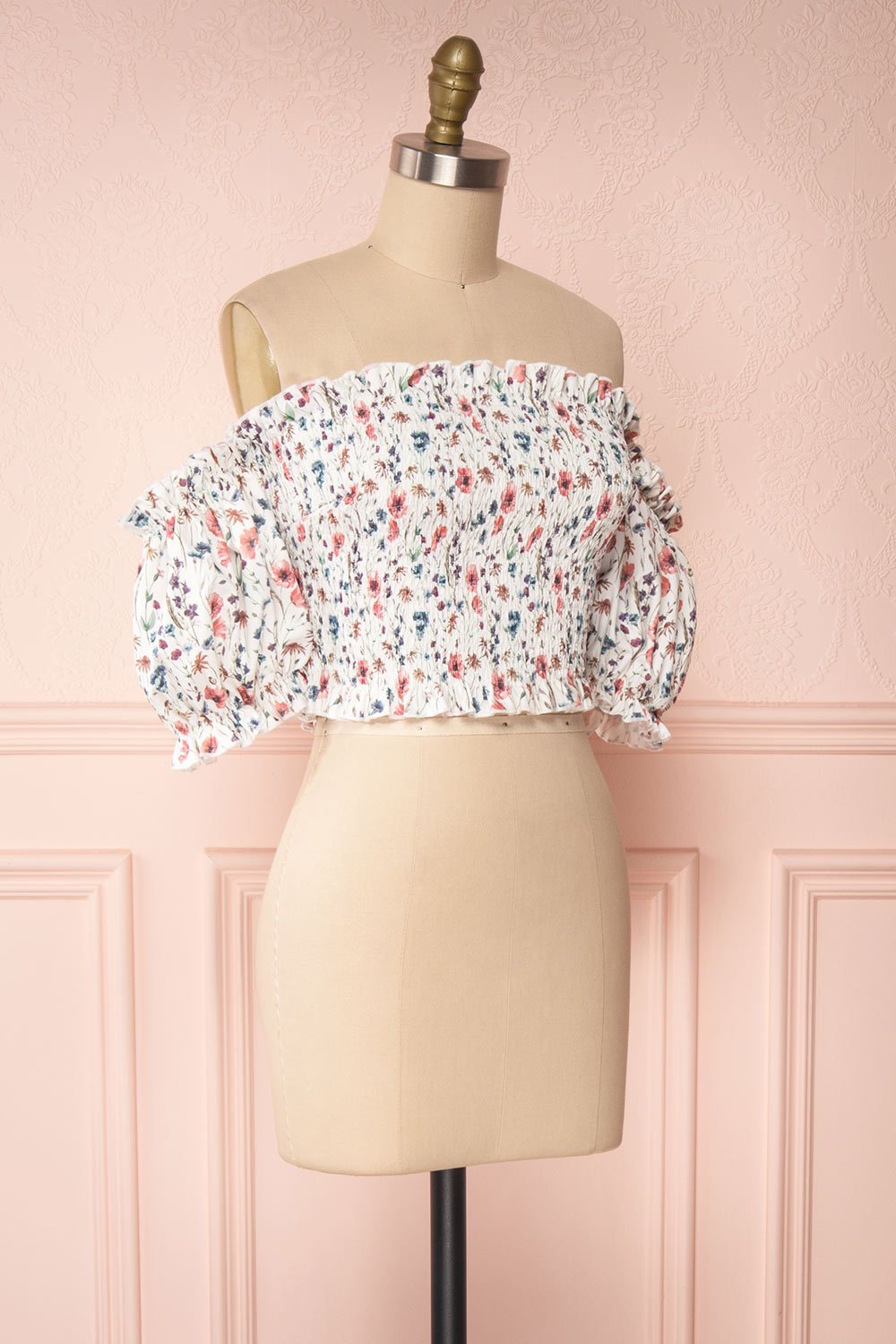 Malmedy White Floral Off-Shoulder Crop Top side view | Boutique 1861