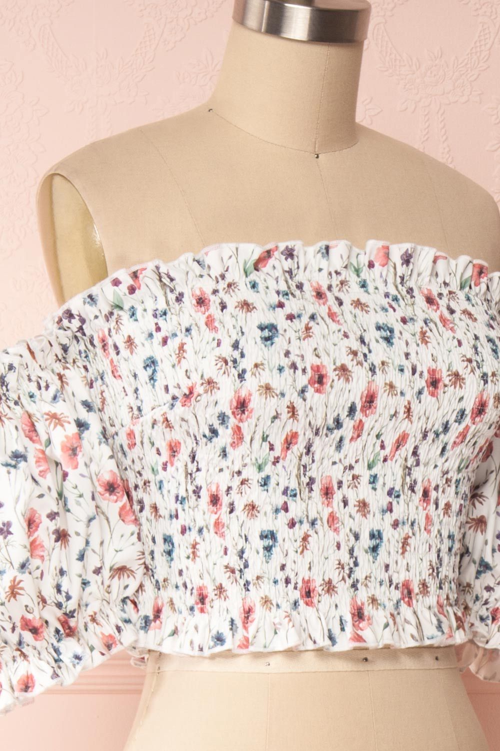 Malmedy White Floral Off-Shoulder Crop Top side close up | Boutique 1861