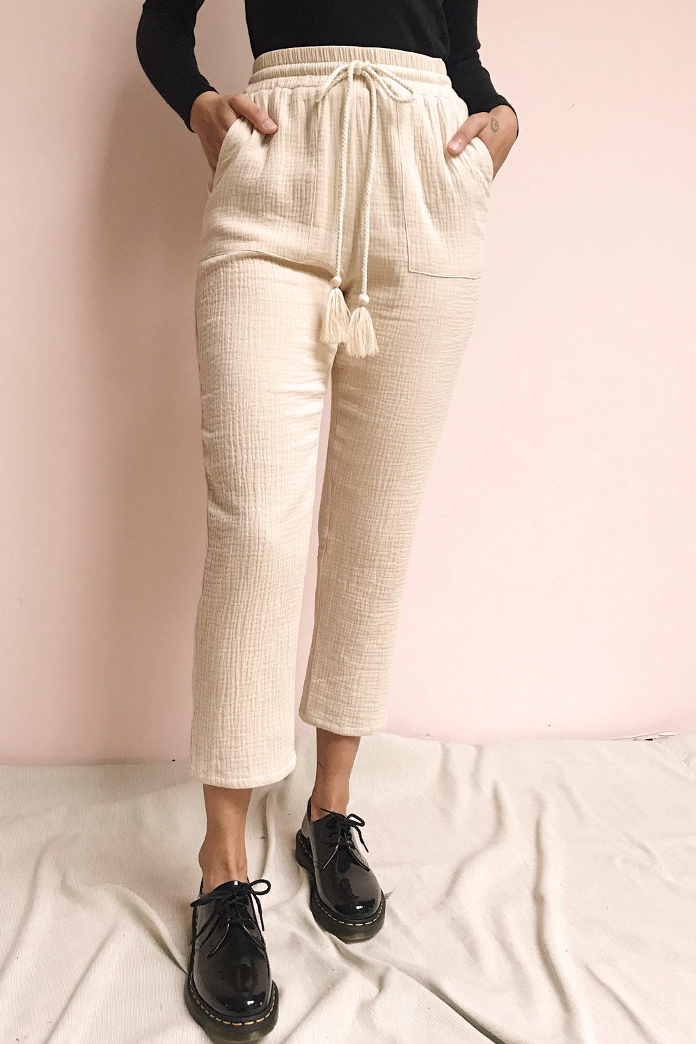 Malomice Beige Linen Effect Pants | La Petite Garçonne model close up