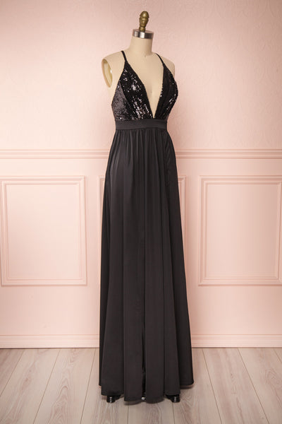 Mana Black Maxi Dress w/ Sequins | Boutique 1861 side close up
