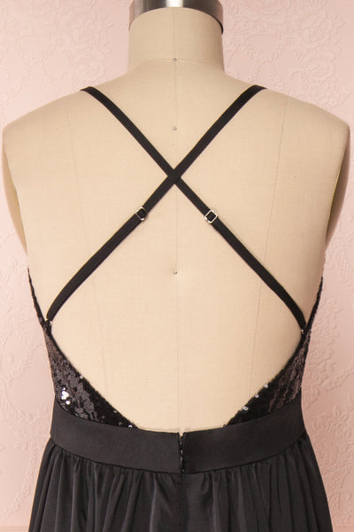 Mana Black Maxi Dress w/ Sequins | Boutique 1861 back close up