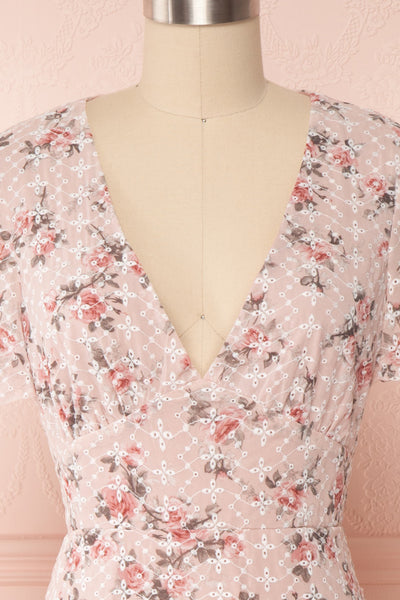 Mardoll Lilac Floral V-Neck Short Dress | Boutique 1861 front close up