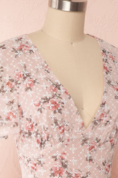 Mardoll Lilac Floral V-Neck Short Dress | Boutique 1861 side close up