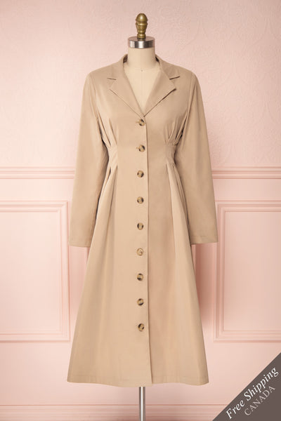 Maribelle Beige Long Sleeved Trench Coat | Boutique 1861 front view FS