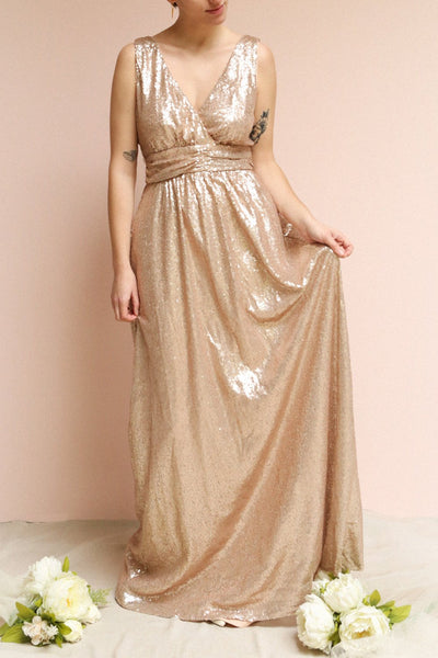 Marie-France Rose Gold Sequined Empire Waist Gown | Boutique 1861 on model