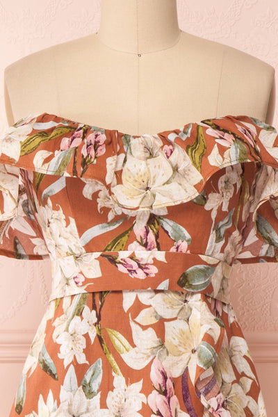 Marietta Floral Off-Shoulder Short Dress | Boutique 1861 front close-up