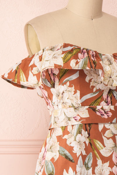 Marietta Floral Off-Shoulder Short Dress | Boutique 1861 side close-up