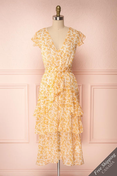 Marike Orange Floral Chiffon Midi Dress front view FS | Boutique 1861