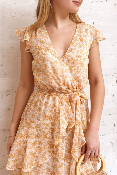 Marike Orange Floral Chiffon Midi Dress | Boutique 1861 model close up