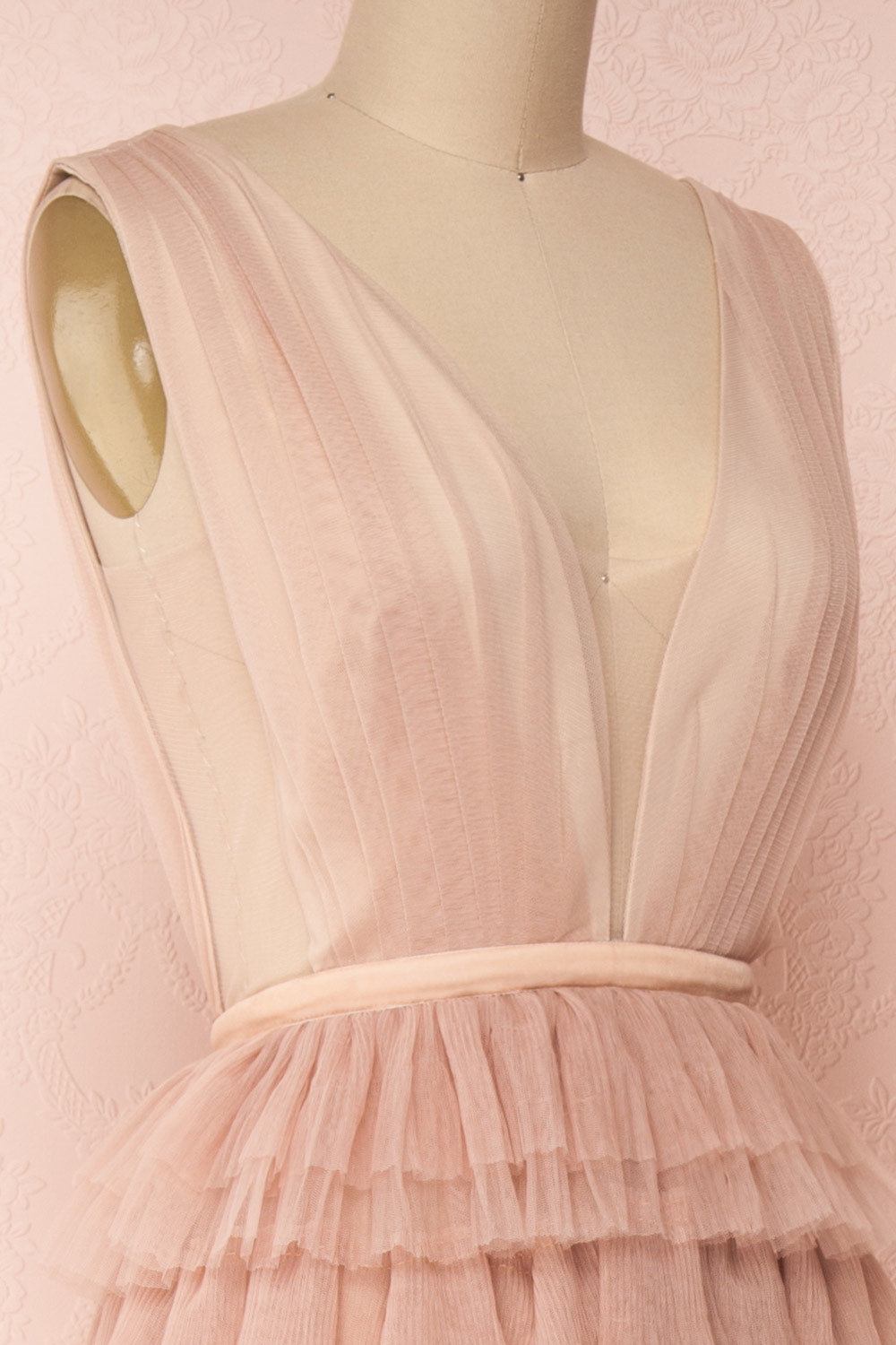 Marisol Blush Mesh Gown w/ Layered Ruffle Skirt | SIDE CLOSE UP | Boutique 1861