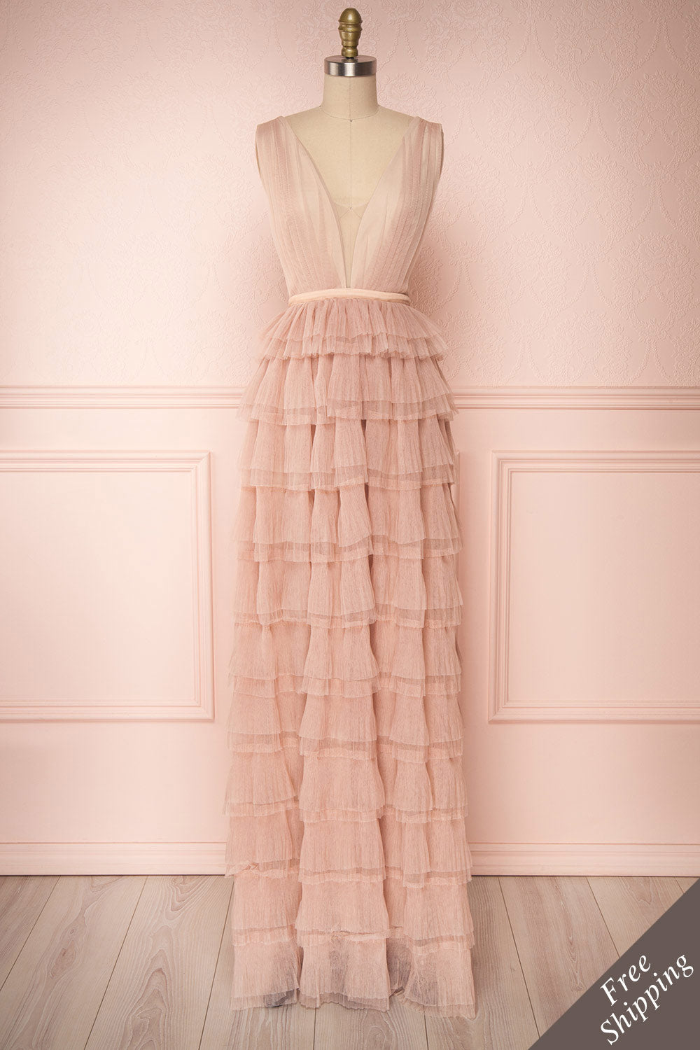 Marisol Blush Mesh Gown w/ Layered Ruffle Skirt | FRONT VIEW | Boutique 1861
