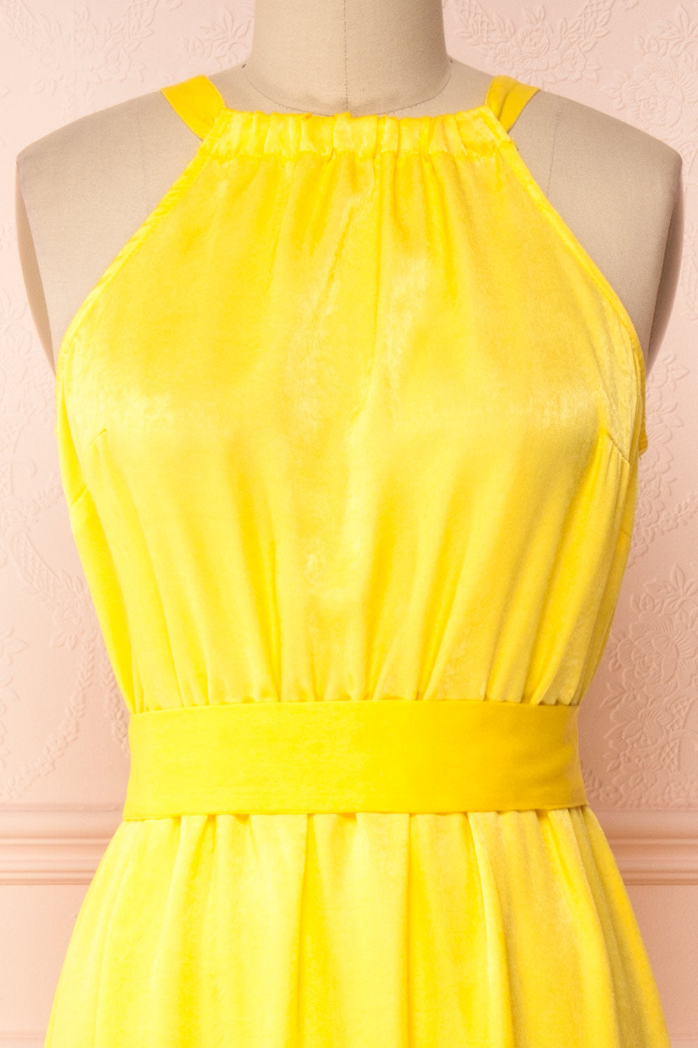 Marjolaine Yellow Mock Neck Maxi Summer Dress | Boutique 1861 front close-up