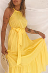 Marjolaine Yellow Mock Neck Maxi Summer Dress | Boutique 1861 on model