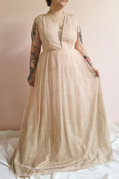 Marjolie Pink Glitter Tulle Maxi A-Line Gown | Boutique 1861 on model