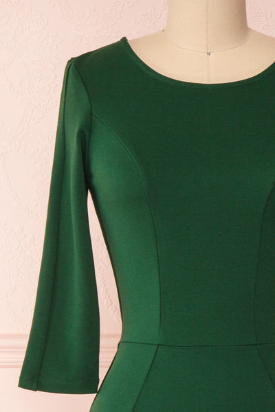 Marjorie Forest Green 3/4 Sleeves Midi Dress | Boutique 1861 front close-up