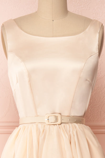 Maruela Beige A-Line Flared Midi Dress | Boutique 1861 front close-up belt