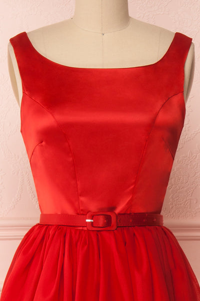 Maruela Rouge Red A-Line Flared Midi Dress | Boutique 1861 front close-up belt