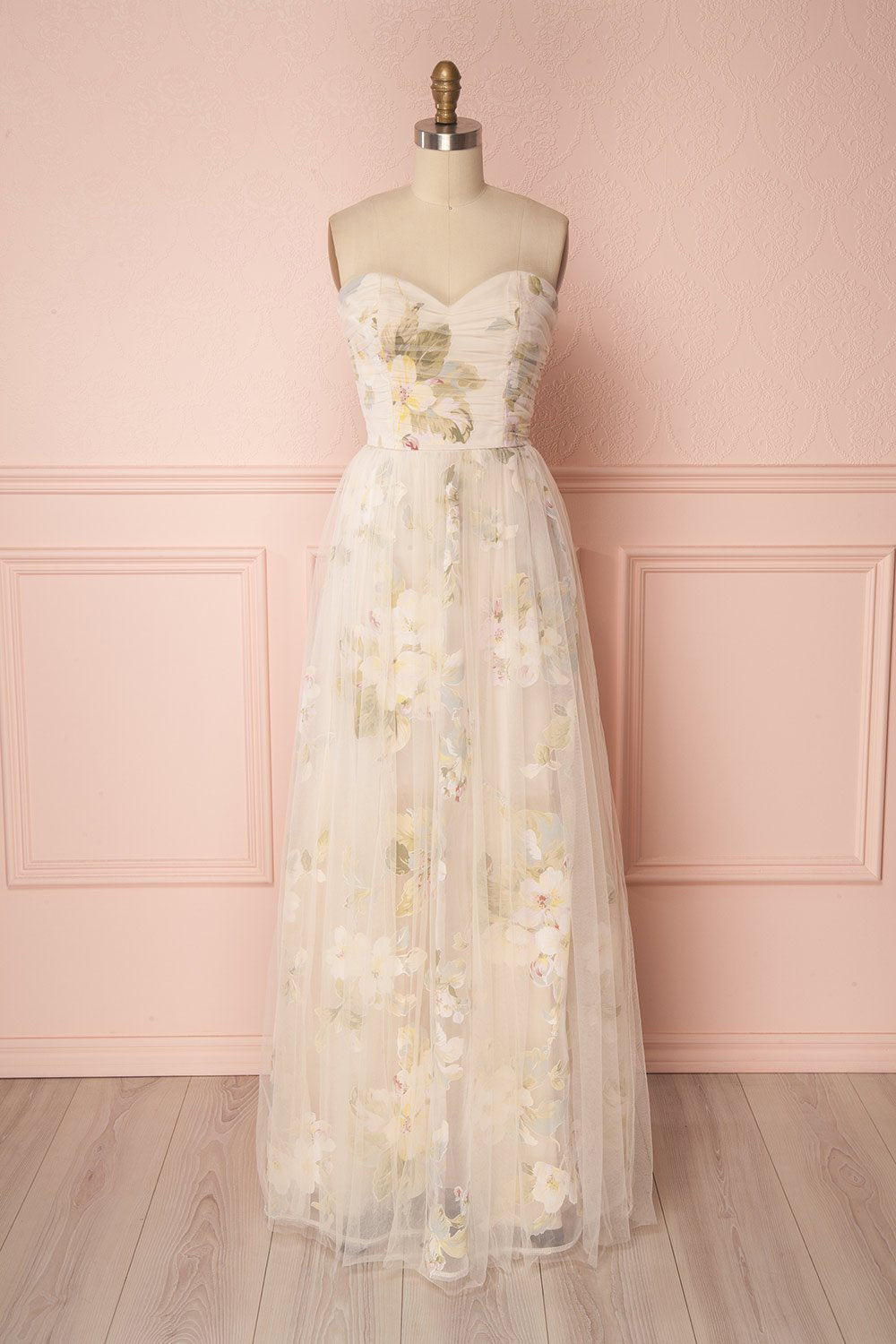 Marylou Beige Tulle Floral Bustier Maxi Gown | Boutique 1861