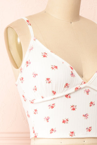Maud White Ribbed Floral V-Neck Cropped Cami | Boutique 1861 side close-up