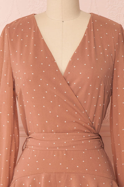 Mayifa Blush Dusty Pink Polka Dot A-Line Short Dress | Boutique 1861  front close-up