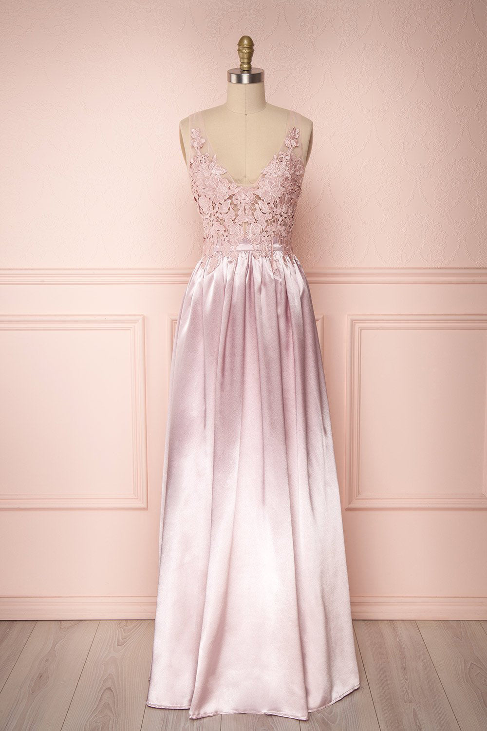 Mayla Blush Pink Silky A-Line Gown w/ a Lace Bodice | Boutique 1861