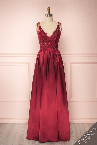 Mayla Burgundy Silky A-Line Gown w/ a Lace Bodice | Boutique 1861