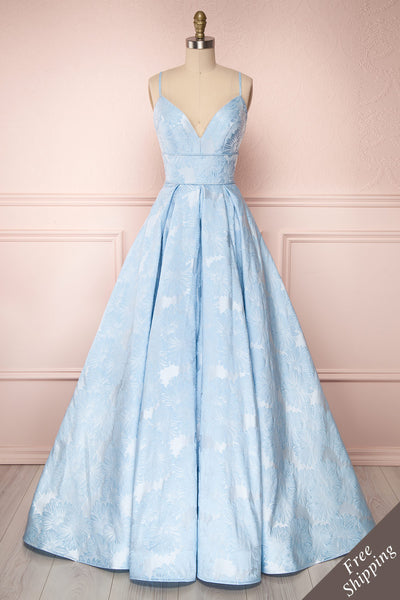 Meherio Light Blue Silky Floral A-Line Gown | Boutique 1861