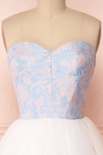 Melda Bleu White & Blue Tulle Bustier Dress | Boutique 1861 front close-up