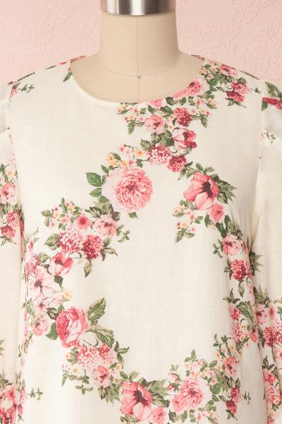 Melika White Floral 3/4 Sleeve Short Dress | Boutique 1861 front view