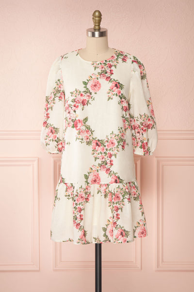 Melika White Floral 3/4 Sleeve Short Dress | Boutique 1861 front view