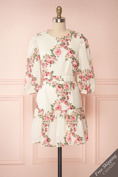 Melika White Floral 3/4 Sleeve Short Dress | Boutique 1861 front view FS