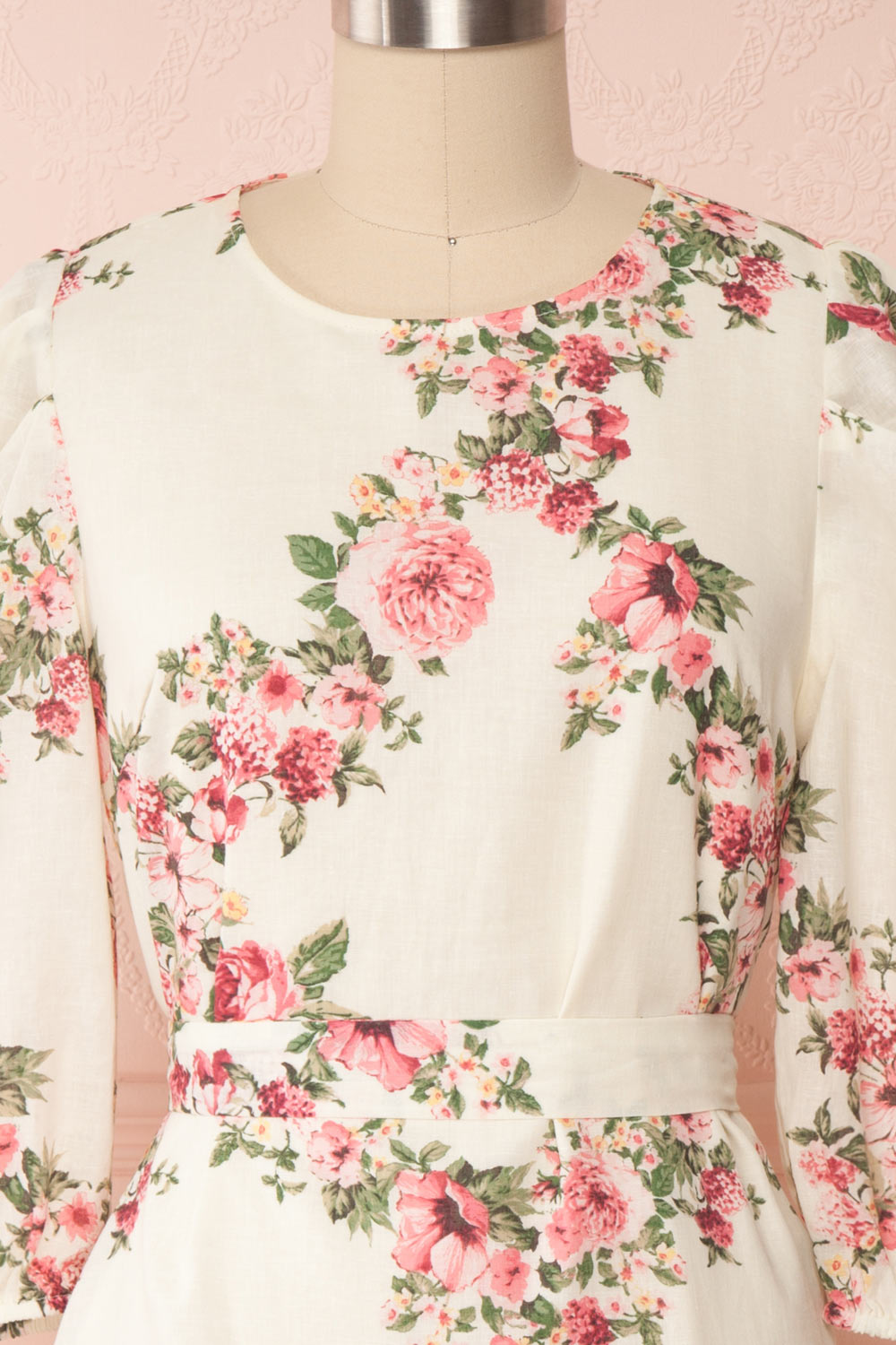 Melika White Floral 3/4 Sleeve Short Dress | Boutique 1861 front close up belt