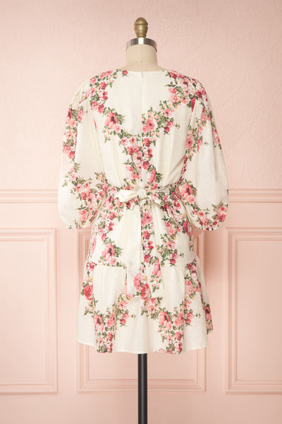 Melika White Floral 3/4 Sleeve Short Dress | Boutique 1861 back view