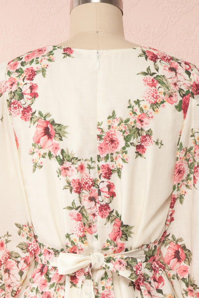 Melika White Floral 3/4 Sleeve Short Dress | Boutique 1861 back close up