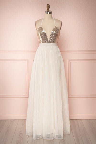 Melise Ivory Tulle Gown w/ Gold Sequins | Boutique 1861