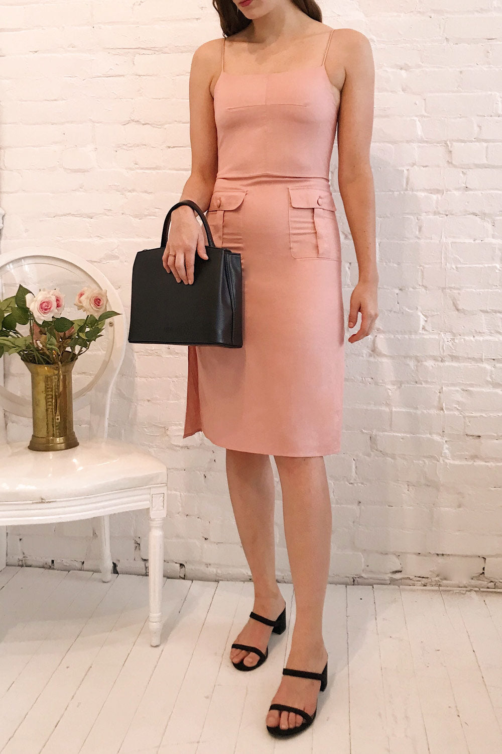 Peach dress with black shoes Clearance