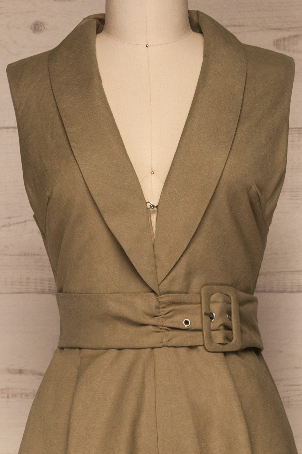 Meppelor Khaki Sleeveless Romper | La petite garçonne front close-up