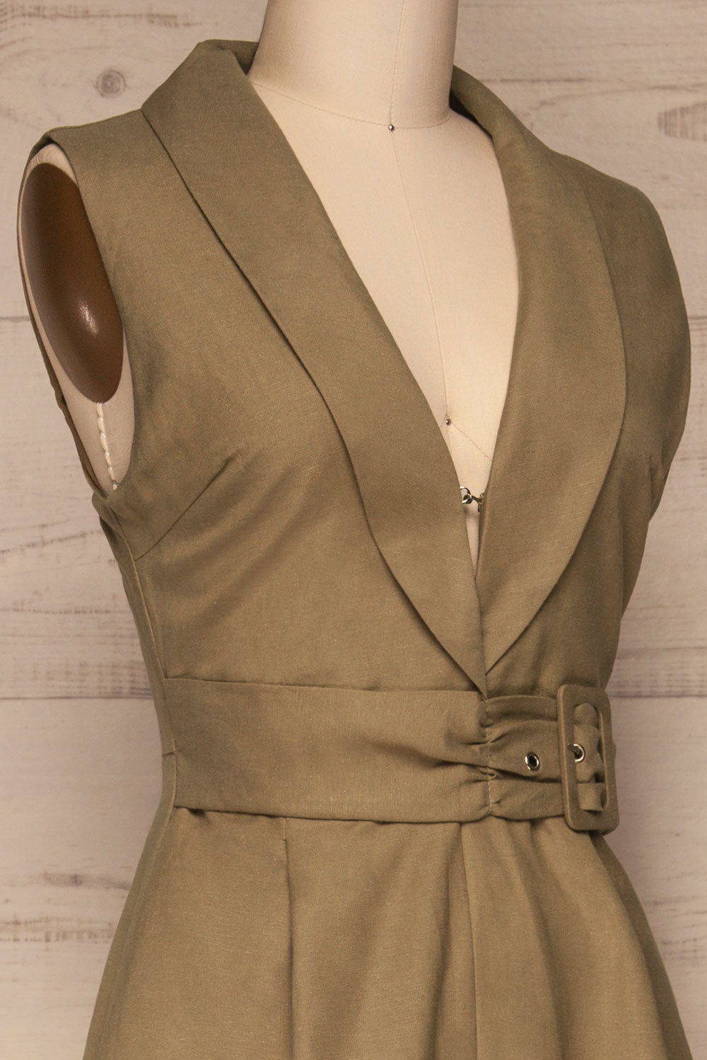 Meppelor Khaki Sleeveless Romper | La petite garçonne side close-up