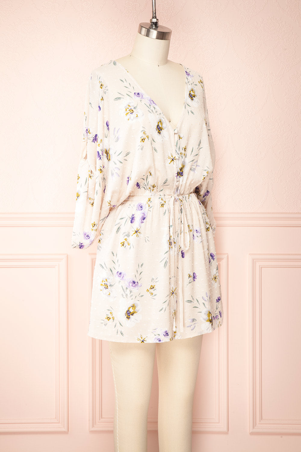 Mercy Beige 3/4 Sleeve V-Neck Floral Romper | Boutique 1861 side view