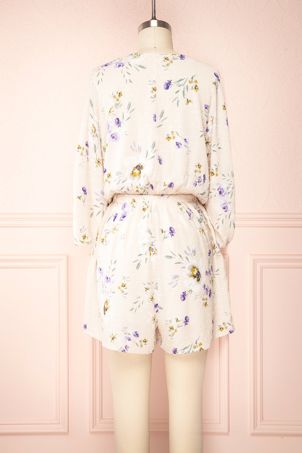 Mercy Beige 3/4 Sleeve V-Neck Floral Romper | Boutique 1861 back view 