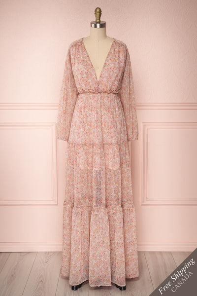 Mereani Pink Floral Ruffled Chiffon Maxi Dress | Boutique 1861