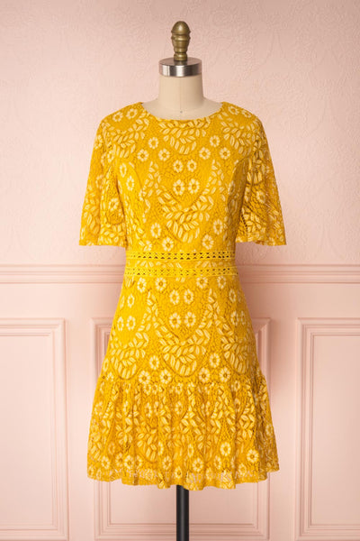 Merewin Yellow Short Sleeved Lace Dress | Boutique 1861 front view